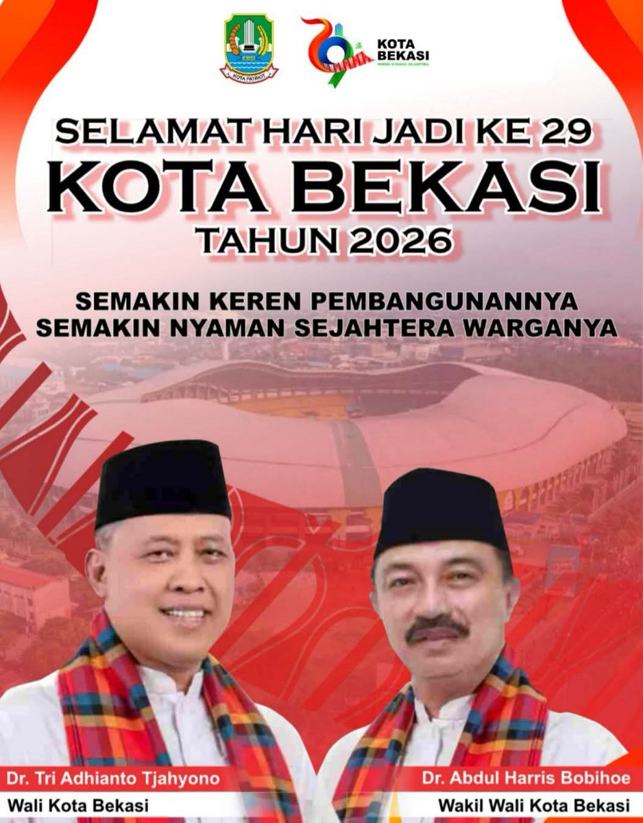 pemkotbekasi's tweet photo. 🎉 Selamat Hari Jadi ke-29 Kota Bekasi Tahun 2026 🎉

Semoga di usia yang ke-29 ini, Kota Bekasi semakin maju dalam pembangunan, semakin nyaman untuk ditinggali, serta semakin sejahtera masyarakatnya. https://t.co/uqUVJ7BnMi