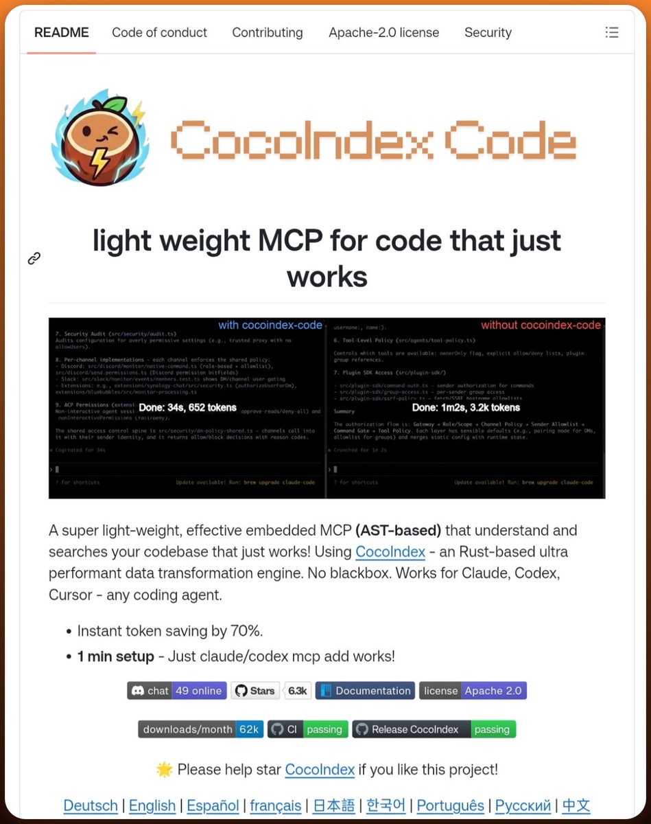 GithubProjects's tweet photo. CocoIndex Code
A super light-weight embedded code MCP (AST based) that just works.

Helps coding agents understand and search your codebase using semantic indexing.
Works with Claude, Codex, Cursor and other coding agents.

Saves 70% tokens and improves speed for coding agents. https://t.co/iHzBPc3sUo