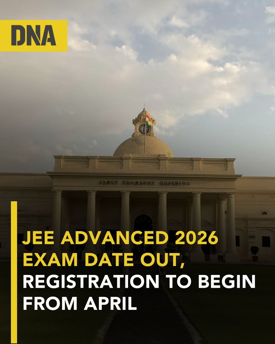 dna's tweet image. IIT JEE (Advanced) 2026 schedule has been officially declared by IIT Roorkee, the institute responsible for organising this year’s examination.  

Read here: dnaindia.com/education/repo…

#IIT #JEEAdvanced #DNAUpdates