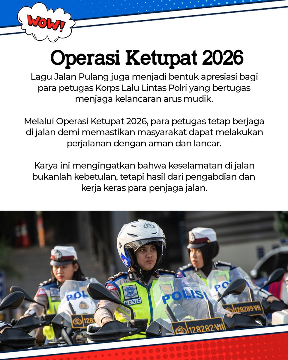 wownewsofc's tweet photo. Di balik perjalanan mudik yang aman, ada dedikasi para penjaga jalan. Kisah itu diangkat Sendrasena dalam lagu “Jalan Pulang”.

#BandAI #ArtifintelSoundworks #sendrasena #QudoBuanaNawakara #MusicAI https://t.co/zJtYODZbkZ