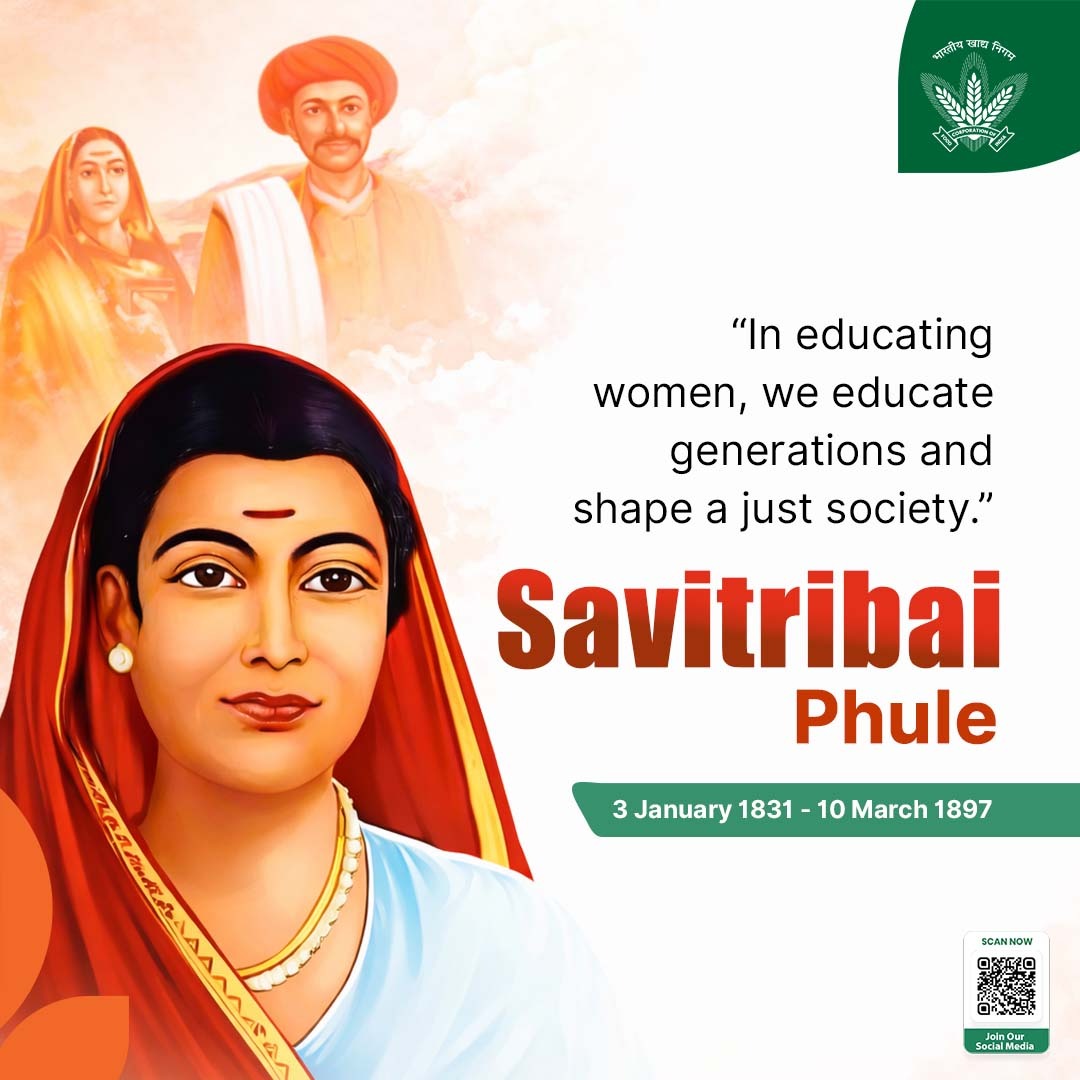 शिक्षा, समानता और वंचितों के सम्मान के लिए अग्रणी भूमिका निभाने के लिए भारतीय खाद्य निगम की ओर से सावित्रीबाई फुले को स्मरण । 🙏📚
अवसरों के माध्यम से सशक्तिकरण का उनका दृष्टिकोण आज भी अधिक समावेशी और समान भारत के निर्माण के लिए प्रेरणा देता है ।
#FCI <a href="/FCI_India/">Food Corporation of India</a> <a href="/EastFci/">FCI, Zonal Office (East)</a>