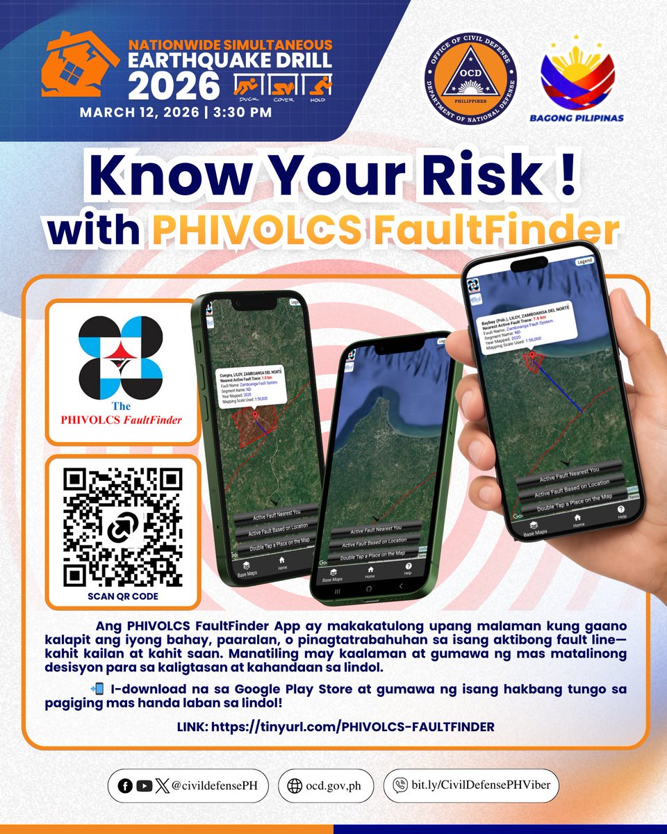 NDRRMC_OpCen's tweet photo. BE READY | Is there an active fault near your area?
Property owners, buyers, developers, planners, and other stakeholders can check the location of active faults and measure their distance using the Fault Finder application developed by DOST–PHIVOLCS with partners in Japan.

Learn more and access the tool here: https://t.co/Xey2FHq08j

Be prepared for the threat of earthquakes. Join the First Quarter Nationwide Simultaneous Earthquake Drill (NSED) on March 12, 2026, at 3:30 P.M.

The program will begin at 2:30 P.M., followed by the ceremonial pressing of the button at exactly 3:30 P.M., signaling the start of “Duck, Cover, and Hold.”

For announcements, important reminders, and safety tips, follow the Civil Defense PH and NDRRMC Facebook pages.

Source: Civil Defense PH

#NDRRMC
#BawatSegundoMahalaga