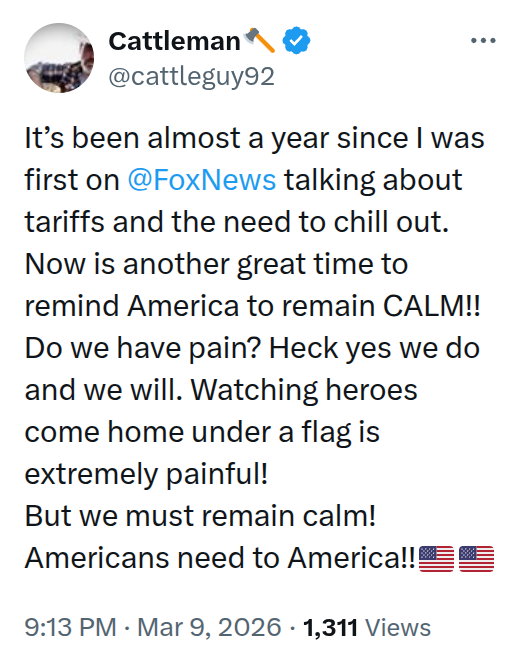 WillClownCar's tweet photo. Just be calm, bro. Tariffs worked out great and are basically the same thing as a war in the middle east that this chucklehead with an axe voted to prevent Kamala Harris from supposedly starting. No lady wars for @CattleGuy92. #MeatIsLife https://t.co/ADT06CksDz