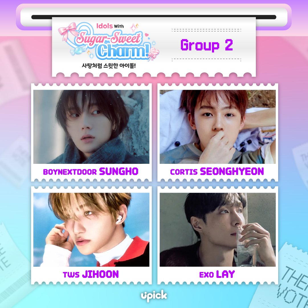사탕처럼 Sweet한 아이돌 ! 🍬🍭
Idols with Sugar - Sweet Charm !

#BOYNEXTDOOR #SUNGHO #보이넥스트도어 #성호
#CORTIS #SEONGHYEON #코르티스 #성현
#TWS #JIHOON #투어스 #지훈
#EXO #LAY #엑소 #레이

📌 Twitter Pre-Vote Starts 3/11 12PM
1st, 2nd place will advance to Final