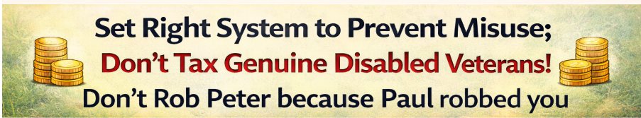 Set the system right.
Don't mass punish the disabled Veterans. Individual has no say in his retention or invalidment after disability. Honour the 104 years old covenant between the Sarkar and Soldier .
#KeepDisabilityPensionTaxFree 
<a href="/adgpi/">ADG PI - INDIAN ARMY</a> 
<a href="/BJP4India/">BJP</a> 
<a href="/INCIndia/">Congress</a> 
<a href="/FinMinIndia/">Ministry of Finance</a>