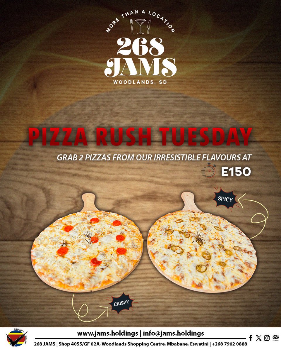 A Tuesday worth looking forward to 🍕
2 Pizzas for E150 at 268 JAMS.
Great food. Great deal. Great vibes.

#buy1for2
#tuesdayspecial