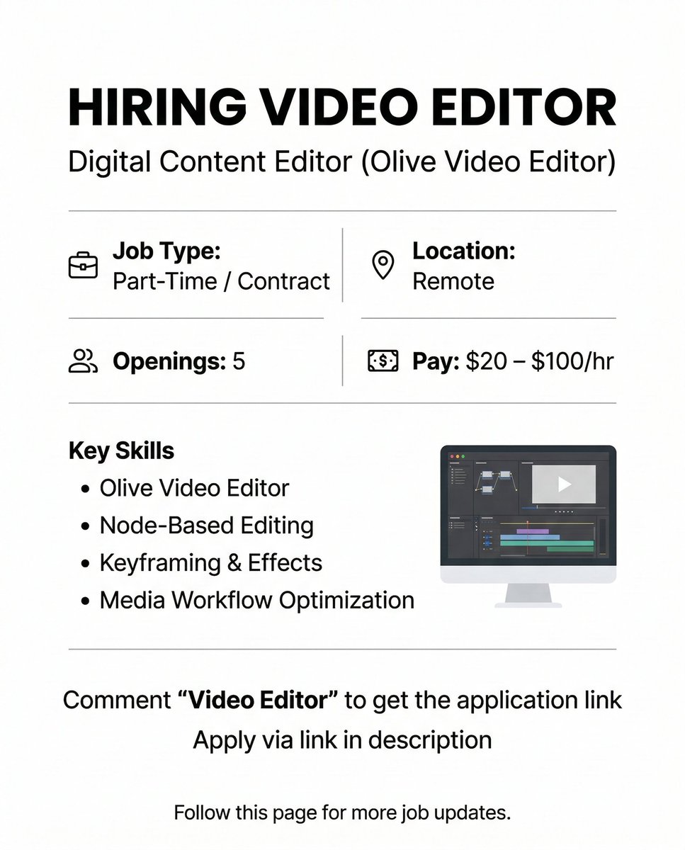 escape9to5_'s tweet image. Hiring Video Editor 🎬

Remote | Part-time / Contract | $20–$100/hr | 5 openings

Looking for experts in Olive Video Editor, node-based editing, keyframing &amp;amp; effects to create high-quality digital content.

Apply now: IN COMMENTS!

#Hiring #VideoEditor #RemoteJobs #VideoEditing