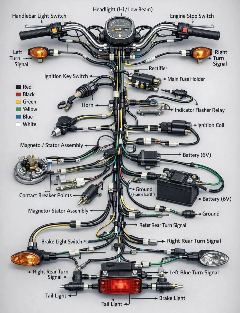 vivek_sing87975's tweet photo. This image shows a detailed wiring diagram of a motorcycle electrical system. It explains how different electrical components are connected and how electricity flows through the system to operate various parts of the bike. https://t.co/Cl5ZPpS66p