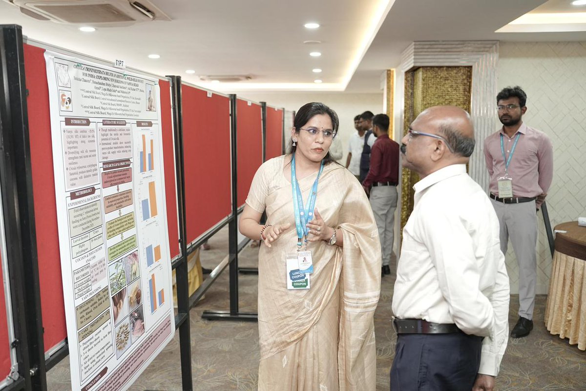 MssoSilk's tweet photo. Dr. Suraksha Chanotra, Scientist-B from P3 Unit, Kowabil, Assam, represented MESSO at the National Seminar organized by CSB–CSGRC, Hosur, and was conferred the 3rd Best Poster Presentation Award. Her poster titled “Cricula trifenestrata Helfer: An Additional Wild Silk Source for India – Exploring New Horizons of Vanya Silks” highlights the potential of Cricula trifenestrata as an additional wild silk source in India and its suitability as a spun-silk resource for blending with Muga and other natural silks.
@DrChanotra @IfsSivakumar @csbmot @TexMinIndia @PIBTextiles