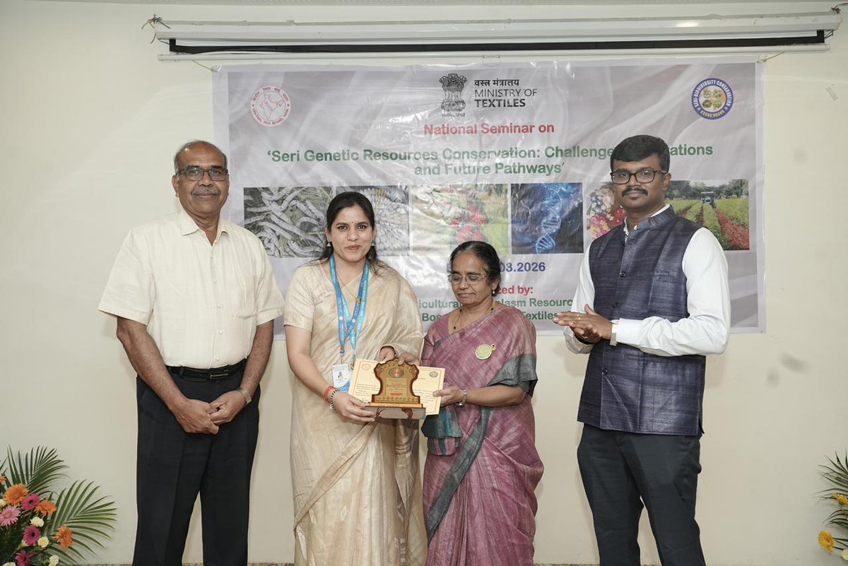 MssoSilk's tweet photo. Dr. Suraksha Chanotra, Scientist-B from P3 Unit, Kowabil, Assam, represented MESSO at the National Seminar organized by CSB–CSGRC, Hosur, and was conferred the 3rd Best Poster Presentation Award. Her poster titled “Cricula trifenestrata Helfer: An Additional Wild Silk Source for India – Exploring New Horizons of Vanya Silks” highlights the potential of Cricula trifenestrata as an additional wild silk source in India and its suitability as a spun-silk resource for blending with Muga and other natural silks.
@DrChanotra @IfsSivakumar @csbmot @TexMinIndia @PIBTextiles