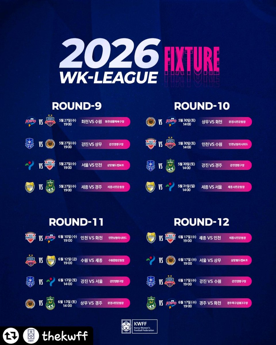 wkleagueall's tweet photo. 2026 WK리그 1라운드 ~ 12라운드
사진 출처 : KWFF https://t.co/GMe228Y67t