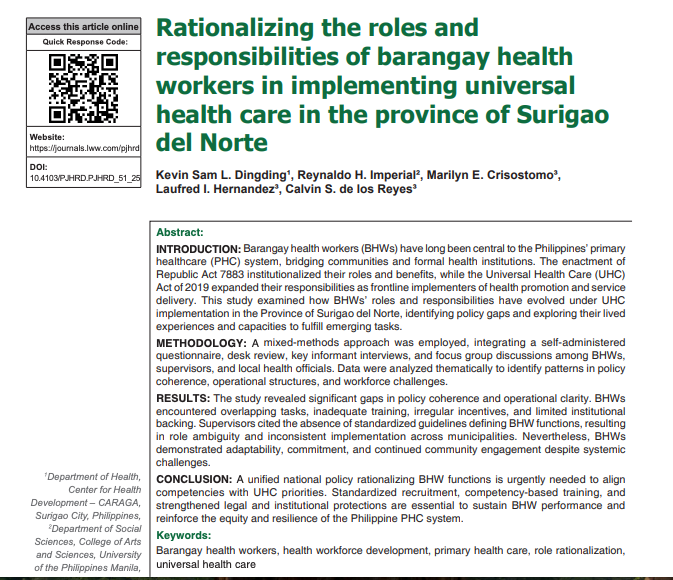 pjhrd's tweet photo. 𝐈𝐧 𝐏𝐉𝐇𝐑𝐃 𝟏𝐬𝐭 𝐈𝐬𝐬𝐮𝐞 𝟐𝟎𝟐𝟔!

See how barangay health workers navigate challenges in implementing Universal Health Care in Surigao del Norte.

Scan the QR or read: https://t.co/f1dOE94Rr0

@UPManilaOnline https://t.co/W1Tv460MzH