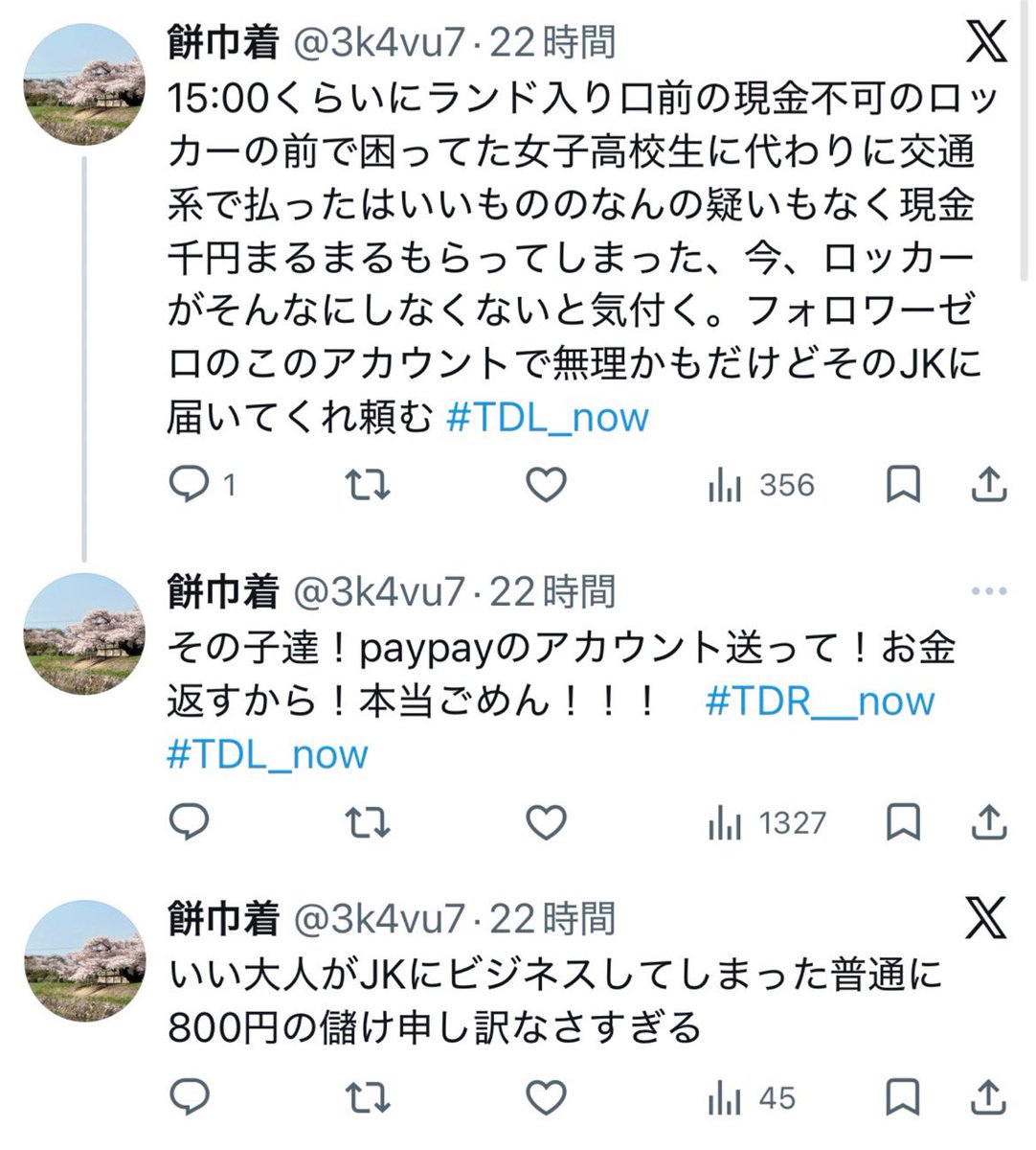 ディズニーランドの入り口のロッカーで女子高生相手に間違えてビジネスしてしまった人が焦ってます。心当たりあったら連絡してあげてください。