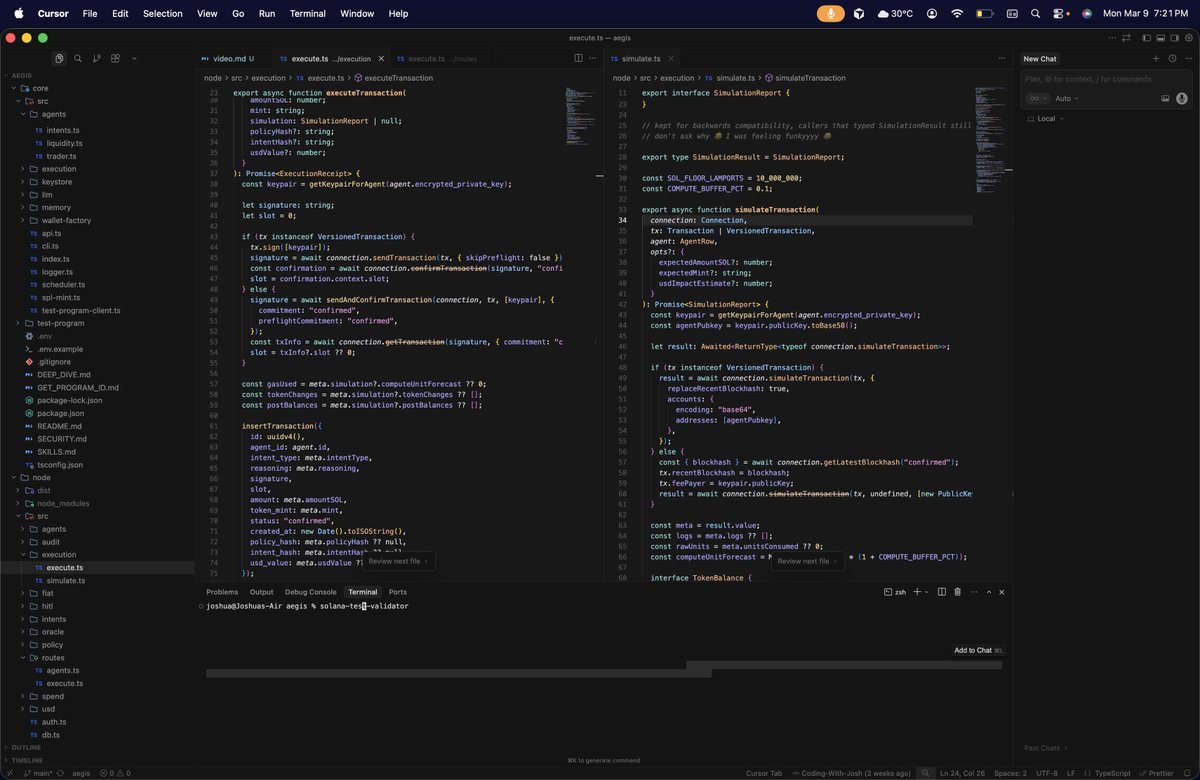 josh_scriptz's tweet photo. I designed the execution pipeline to be strict 😝

An agent emits intent > it evaluates USD risk exposure first > the transaction is simulated through RPC to validate assumptions before capital moves.

If required, approval is enforced > the transaction is signed and broadcasted. https://t.co/zHIHT9KNTa
