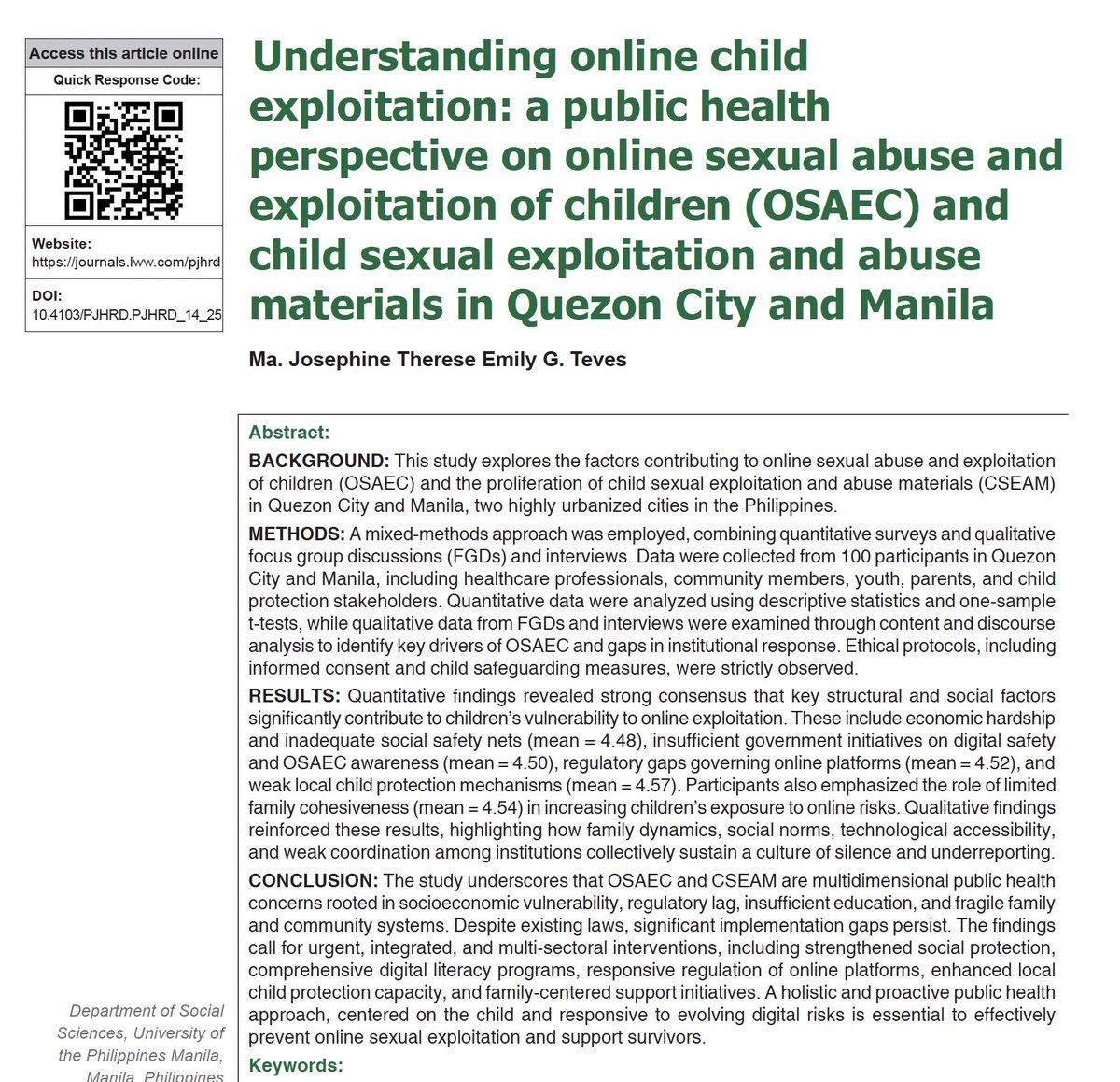 pjhrd's tweet photo. 𝐈𝐧 𝐏𝐉𝐇𝐑𝐃 𝟏𝐬𝐭 𝐈𝐬𝐬𝐮𝐞 𝟐𝟎𝟐𝟔!  

Read about the public health perspective on online sexual abuse and exploitation of children (OSAEC &amp; CSEAM) in Quezon City and Manila.  

Scan the QR or read: https://t.co/zH6nM3p59v

@UPManilaOnline https://t.co/F4slhSjL02