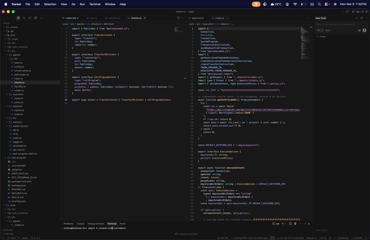 josh_scriptz's tweet photo. The agent layer is separate from custody.

Agents only generate structured intents and send them to the execution layer. They don’t touch private keys because signing is controlled by enforced policies.

So reasoning stays flexible, while execution stays deterministic. https://t.co/8FqwiOrQfs