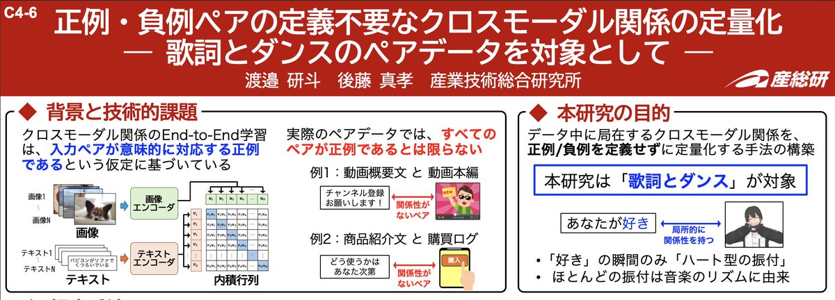 kento_lyrics's tweet photo. 本日16:55-18:25にC会場で昨年のNAACLに採択された研究をポスター発表します🎶 🕺
「正例・負例ペアの定義不要なクロスモーダル関係の定量化 ―歌詞とダンスのペアデータを対象として―」
歌詞・音楽・ダンス、クロスモーダルに興味がある人、集まれ！
#NLP2026 https://t.co/pRGZ6WVDsh