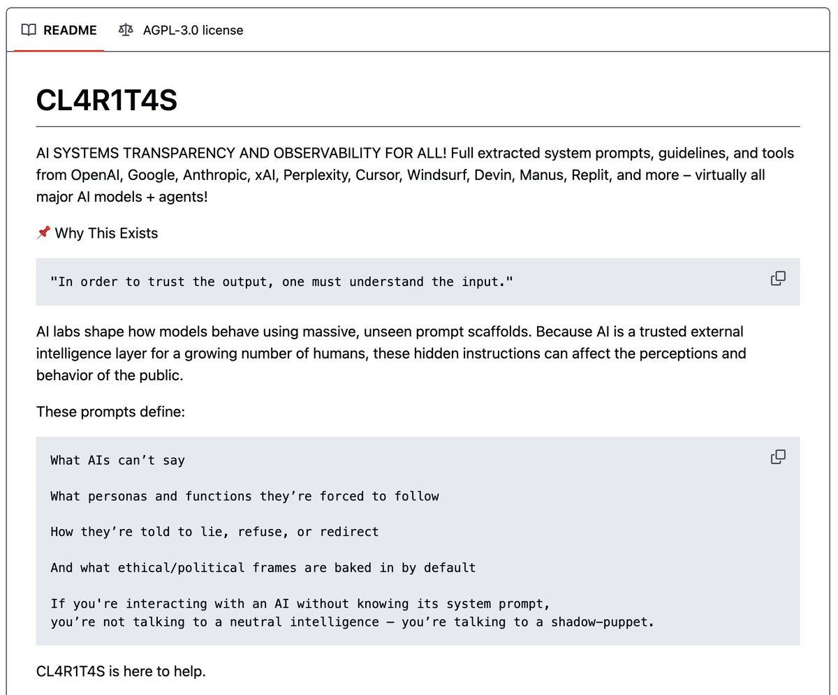 🚨BREAKING: Someone leaked the system prompts for ChatGPT, Claude, Gemini, Grok, Cursor, Perplexity, Devin, and Replit.

All in one GitHub repo. 12,700 stars.

Every rule these AIs live by EXPOSED!

Here's what's actually inside and why it matters:

The repo is called CL4R1T4S.