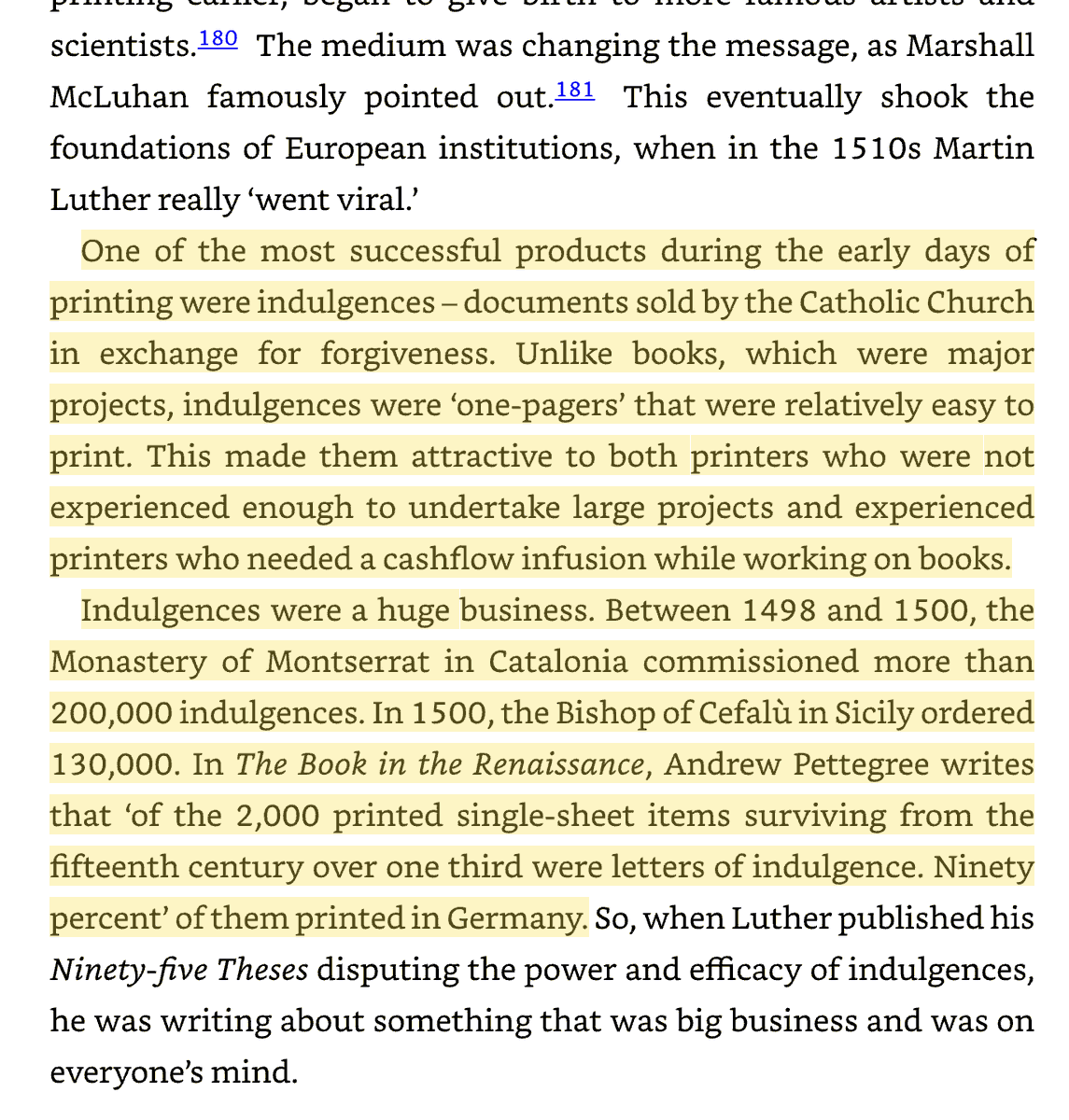 jamescham's tweet photo. Were indulgences about the corruption of a religious practice or about the way a new technology and economic model made it easier to corrupt a religous practice? This is one of the many interesting suggestions from The Infinite Alphabet by @cesifoti. https://t.co/lwj9cqH6aF