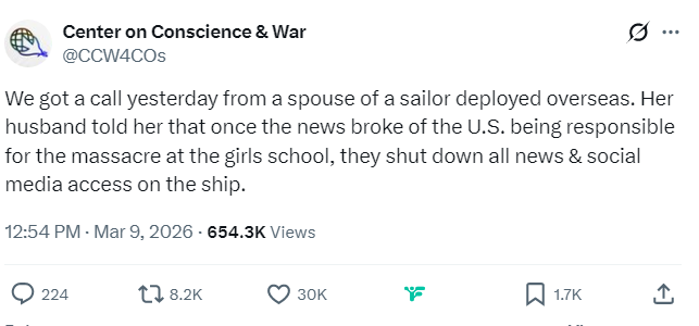 MilitaryWive_'s tweet photo. Our troops are the first to see the human cost of these decisions. 

Shutting down their access to the outside world doesn't erase the images of a bombed school from their minds. 

It just leaves them alone with it. https://t.co/G5jXUAdzzW