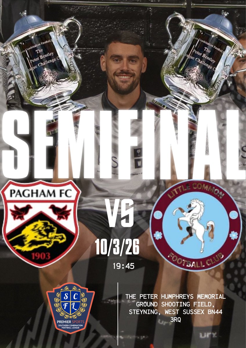 ⚽️ Semi-Final Night ⚽️ 

Tonight it’s all on the line.

Pagham FC vs <a href="/littlecommonfc/">Little Common F C</a> 
🏆 Peter Bentley Challenge Cup – Semi Final

📍 At <a href="/SteyningTown/">Steyning Town FC ⚽</a> 
⏰ KO 19:45

A place in the final is up for grabs.

Get down, get loud, and roar on Lemmy’s Lions 🦁

#COYL #PaghamFC #CupNight