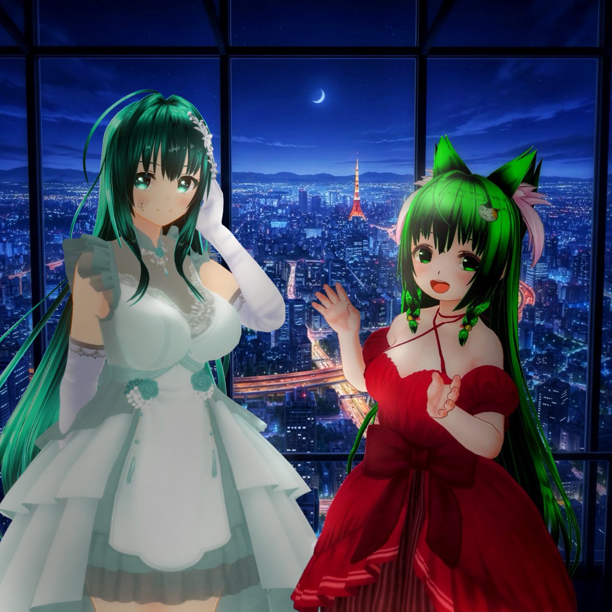 というわけで(？)
2人でセレブに夜景を眺めさせて頂きました😺☘️

深藍も純然な鮮緑も、色んな緑髪ヒロインがいるのデスよ💚(●´ω｀●)💚