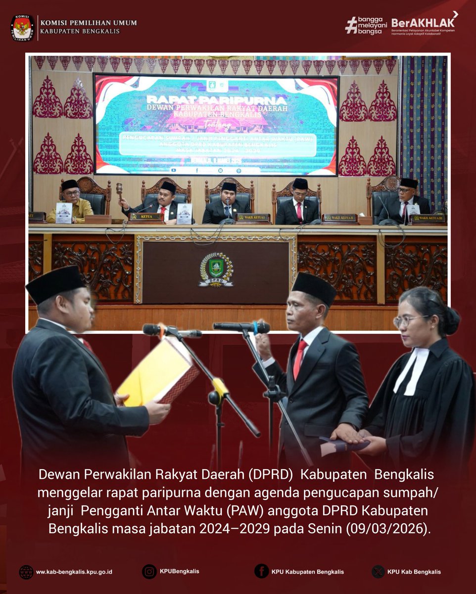 kpukabbengkalis's tweet photo. Ketua KPU Kab Bengkalis, Agung Kurniawan, hadiri Rapat Paripurna DPRD Bengkalis pada Senin (9/3/2026) di Kantor DPRD Bengkalis. Agenda rapat pengucapan sumpah/janji PAW anggota DPRD dari PDIP, Sahat Marganda Tobing, menggantikan almarhum Al Azmi untuk masa jabatan 2024–2029. https://t.co/ZtsQz1lIQB
