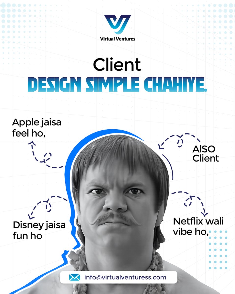 officialvirtual's tweet image. Client: “Design simple chahiye.”
Also client: Apple + Disney + Netflix vibe. 😅
Designers know the struggle.

#DesignLife #ClientBrief #DesignHumor