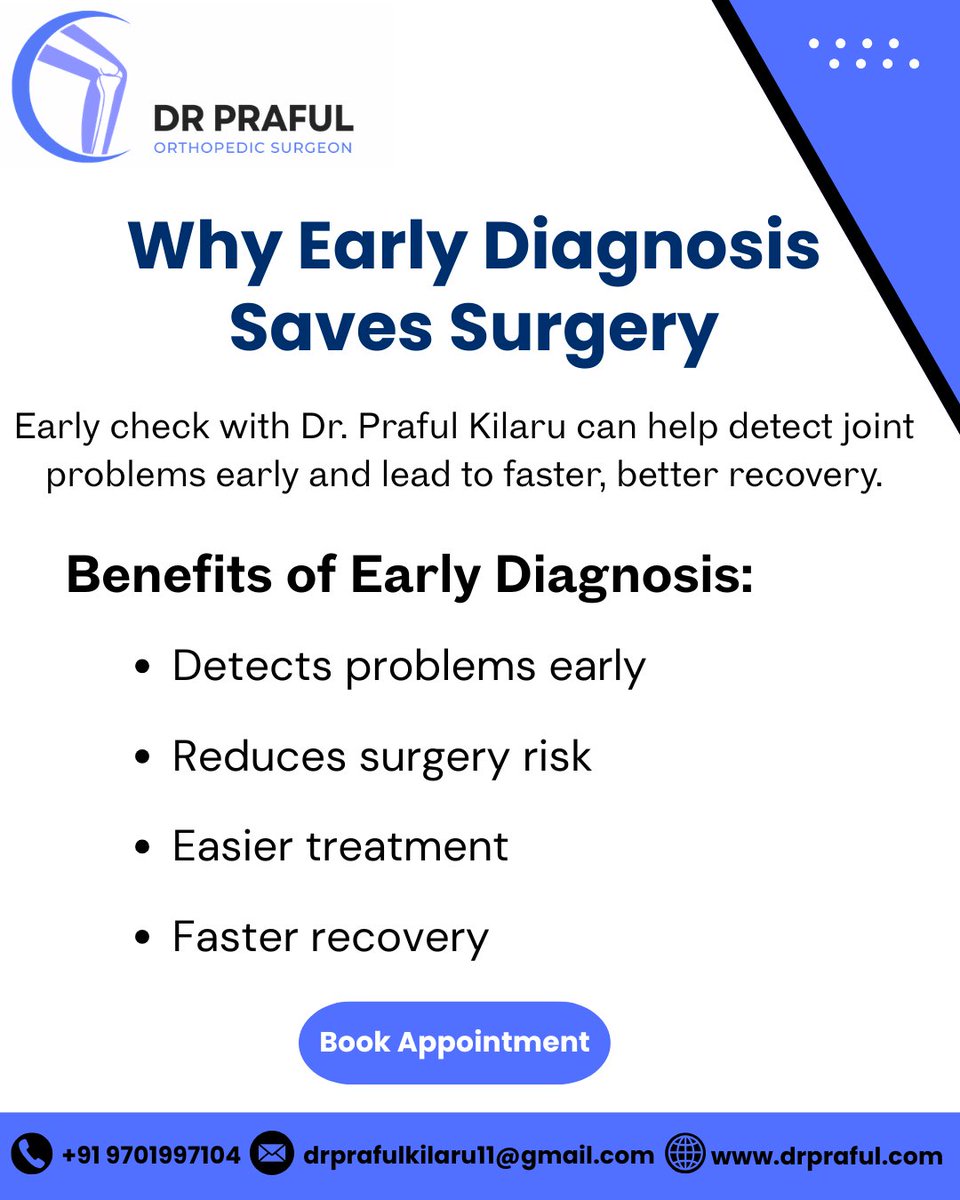 DrPraful11's tweet photo. Detect joint problems early and avoid surgery risk with Dr. Praful Kilaru.

Dr. Praful Kilaru
MBBS, MS (Orthopedics)
Orthopedic Surgeon | Hyderabad
Contact: +91 9701997104
Website: https://t.co/zCmSXinhvD

#DrPrafulKilaru
#EarlyDiagnosis
#OrthopedicCare
#JointHealth
#BoneHealth https://t.co/QSjQGcERBg