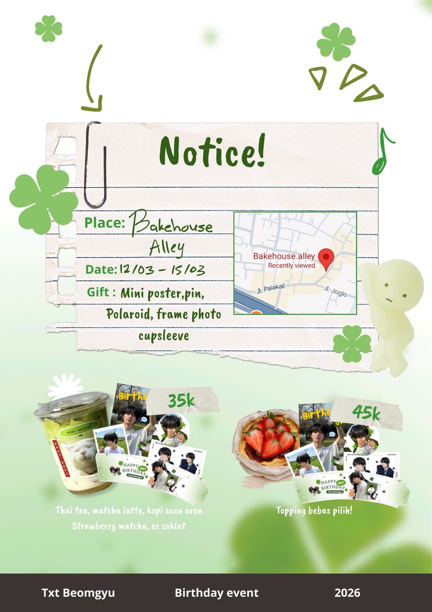 luckyygyu's tweet photo. It's lucky Gyu day! Our bear turning 25! 🧸☘️

A soft cakes, sweet drinks, and a birthday for beomgyu 🎂✨
join our café event at @bakehousealley ☘️
12-15 March 2026
13:00-21:00 wib

#BeomgyuDay #MOA #TXT #Bamgeut https://t.co/H6DbVzmRoa
