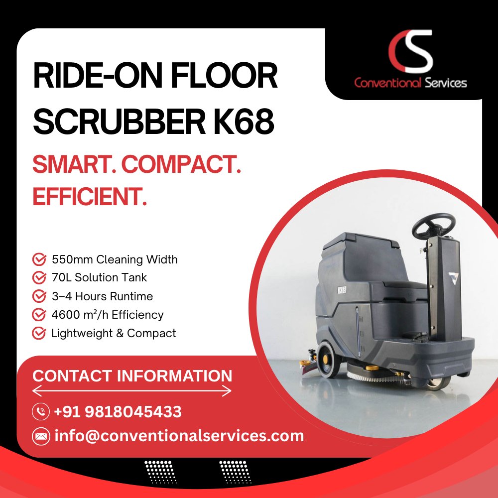 Smarter Floor Cleaning Starts Here!
Introducing the Ride-On Floor Scrubber K68 - a perfect blend of smart design, compact build, and powerful cleaning performance.
Call us: +91 9818045433
Email ID: info@conventionalservices.com
#FloorScrubber #RideOnScrubber #IndustrialCleaning