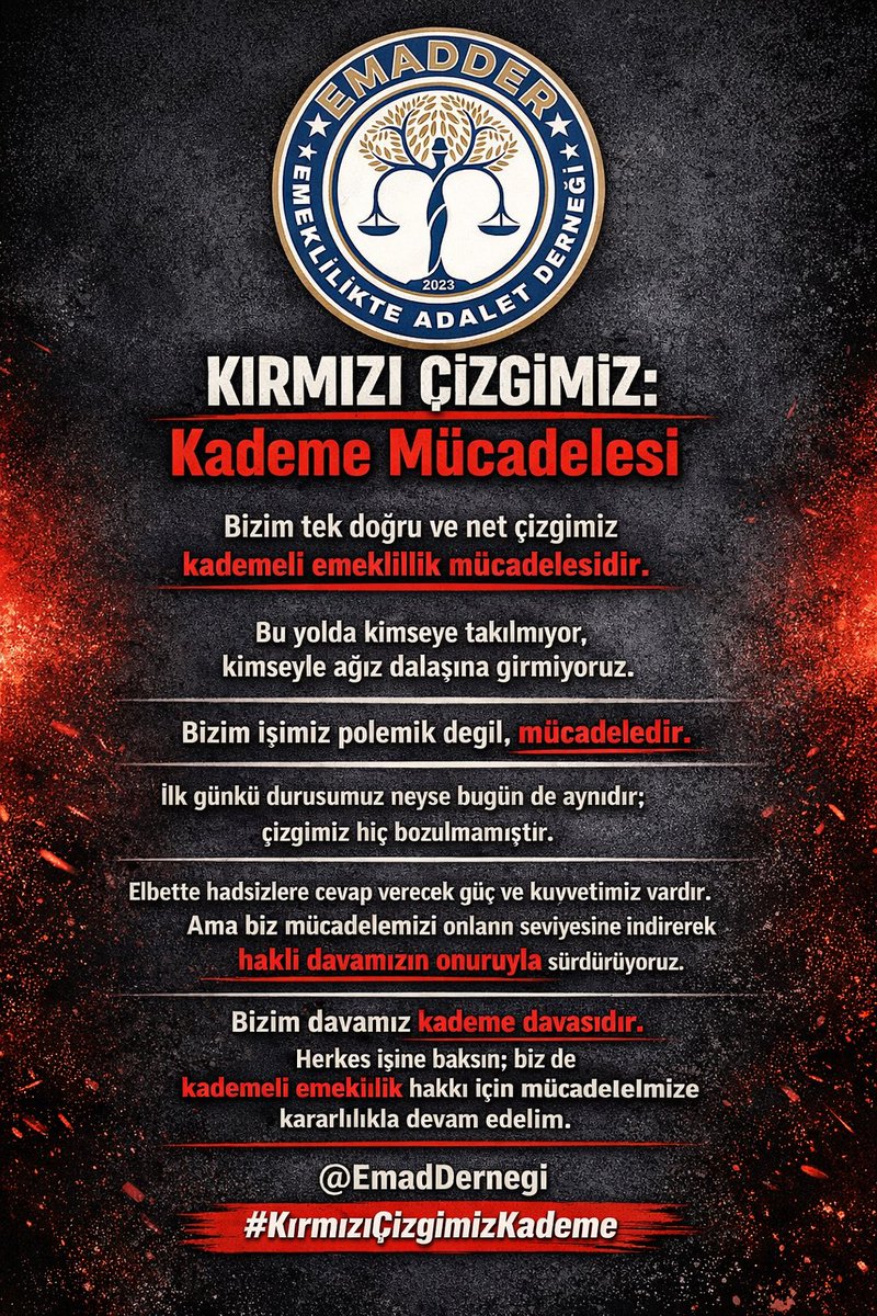 Kırmızı Çizgimiz: Kademe Mücadelesi

Bizim tek doğru ve net çizgimiz kademeli emeklilik mücadelesidir.
Bu yolda kimseye takılmıyor, kimseyle ağız dalaşına girmiyoruz.

Bizim işimiz polemik değil, mücadeledir.
İlk günkü duruşumuz neyse bugün de aynıdır; çizgimiz hiç bozulmamıştır.