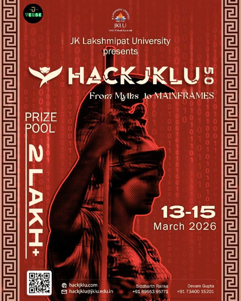 ⚡ <a href="/Juverse0/">JU Verse</a> × <a href="/HackJklu/">HackJKLU</a> v5.0

48 hours
₹2 Lakh+ prize pool. One theme — 
From Myths to Mainframes. 🏛️

 📝 Registrations close: 11th March
 📅 Event: 13–15 March 2026
 👉 hackjklu-v5.devfolio.co

 The gates of Olympus close soon. 🔥#HackJKLU #Hackathon2026 #JUVerse