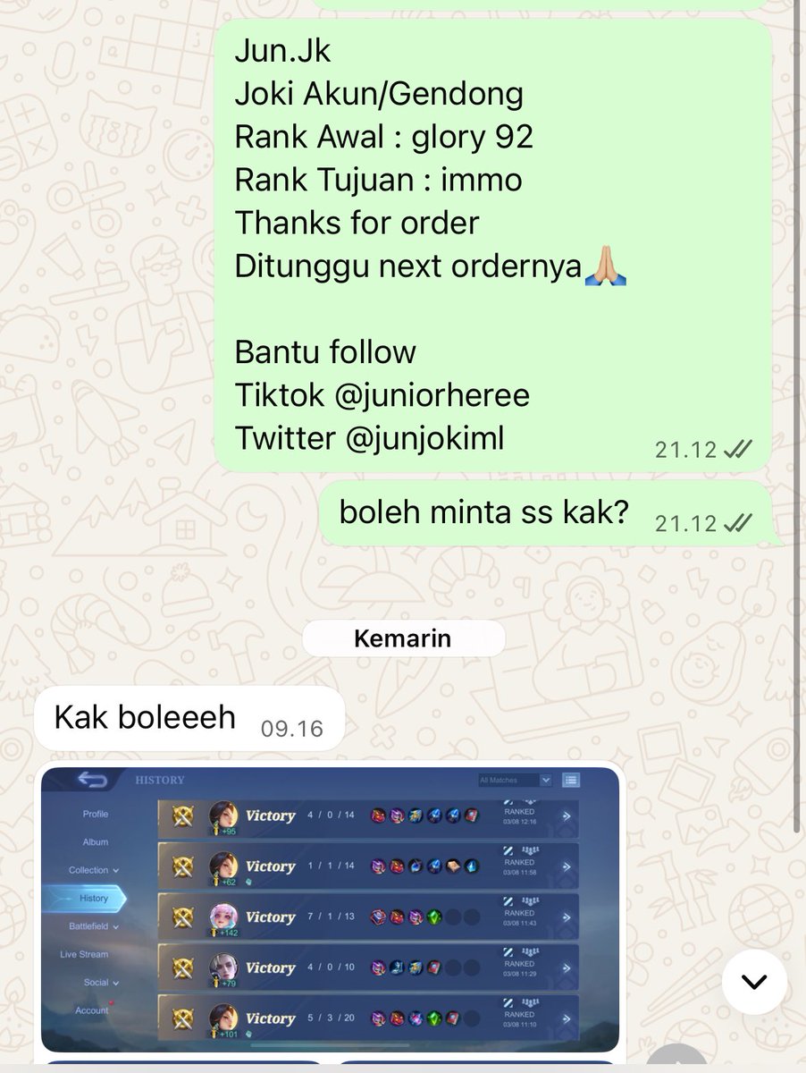 done

jokgen honor + glory 4⭐️
jokgen glory 8⭐️
jokgen imo 15⭐️

yang mau joki ml/gendong sung chat wa aja dibio ya
