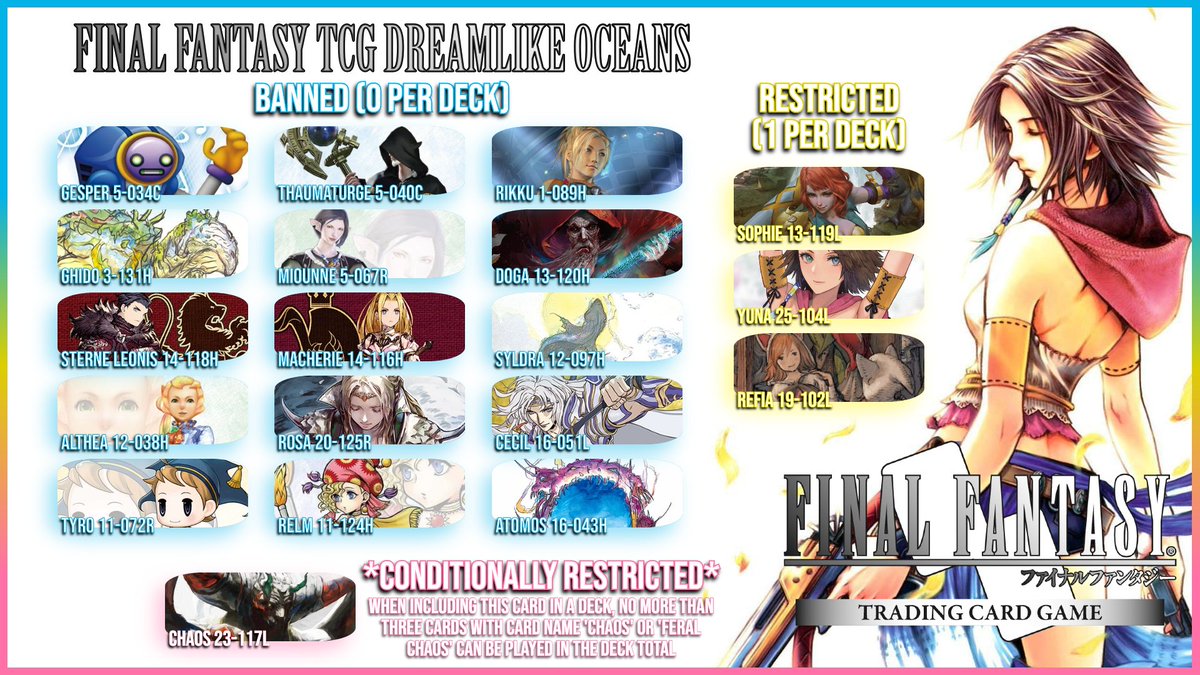 I've made a graphic of the banned and restricted list for the upcoming set Dreamlike Oceans!

Feel free to use as you'd like, looking forward to this year of events!

#FFTCG