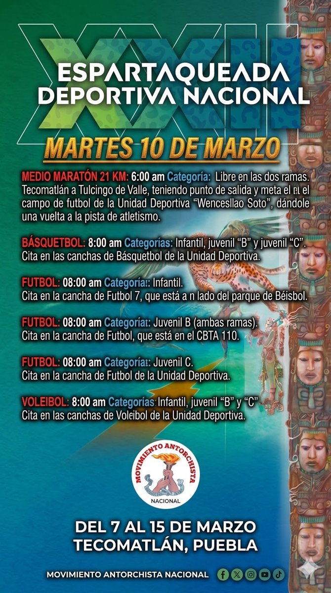 Este martes 10 de marzo continúan las competencias de la XXII Espartaqueada Deportiva Nacional en Tecomatlán, Puebla.
🏃‍♂️ Medio maratón 21 km – 6:00 am
🏀⚽🏐 Juegos desde las 8:00 am
#EspartaqueadaDeportiva #AntorchaEsDeporte