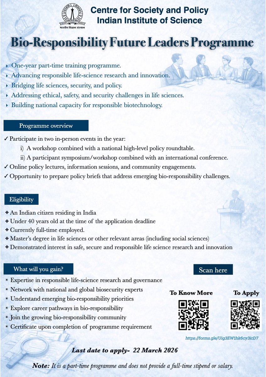SuryeshN's tweet photo. 📢𝗔𝗽𝗽𝗹𝗶𝗰𝗮𝘁𝗶𝗼𝗻𝘀 𝗢𝗽𝗲𝗻: Bio-responsibility Future Leaders Programme (𝗕𝗙𝗟𝗣)

BFLP is a year-long, part-time training programme aimed at building future leaders for safe, secure, and responsible life science research and innovation in India

@iiscbangalore https://t.co/lbC0LJM8MB