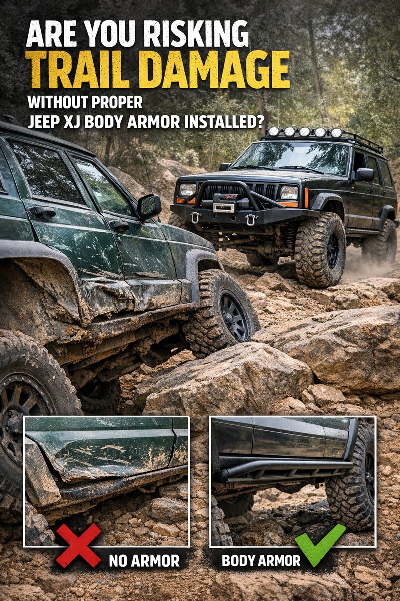 RoadRustys's tweet image. Are you risking serious trail damage by running your Jeep XJ without proper body armor? 🚙💥
Rocks, stumps, and rough terrain can easily damage rocker panels and the underbody without protection.
Read the full guide 👇
 theomnibuzz.com/40--tire-carri…

#JeepXJ #OffRoadBuild #JeepMods
