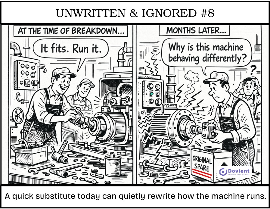 dovient_copilot's tweet photo. Breakdown → substitute spare part → machine runs.
Months later the original part goes back in, and things behave differently.

Quiet shopfloor knowledge that rarely gets documented.
 
#Manufacturing #Maintenance #Shopfloor #Reliability #Unwritten https://t.co/HJSvujZxaj
