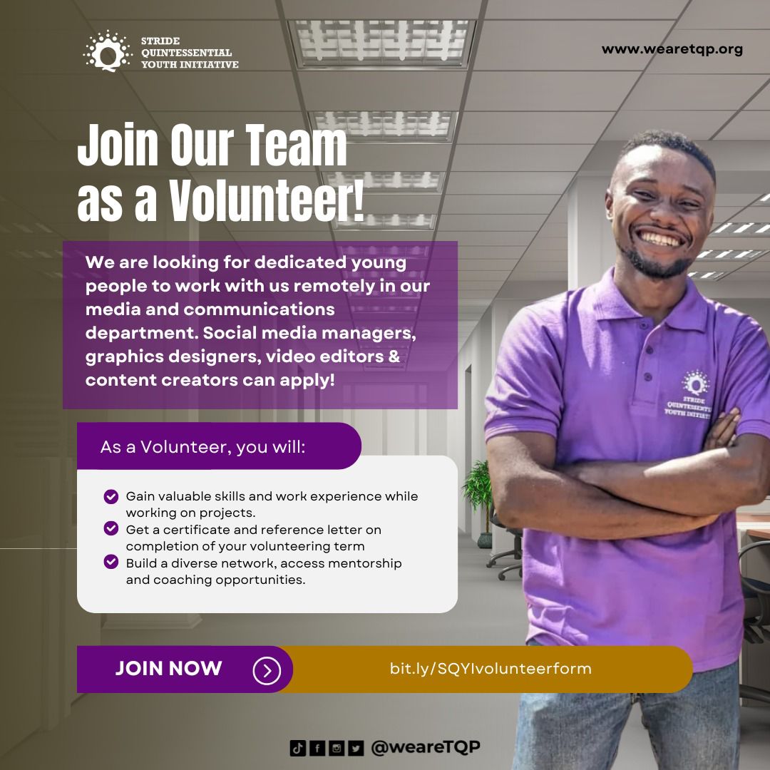 Are you ready to use your skills for impact 🔥 🔥

Stride Quintessential Youth Initiative (SQYI) is looking for passionate volunteers to join our team

This is your opportunity to grow, contribute, and make a difference. Apply now: bit.ly/SQYIvolunteerf…