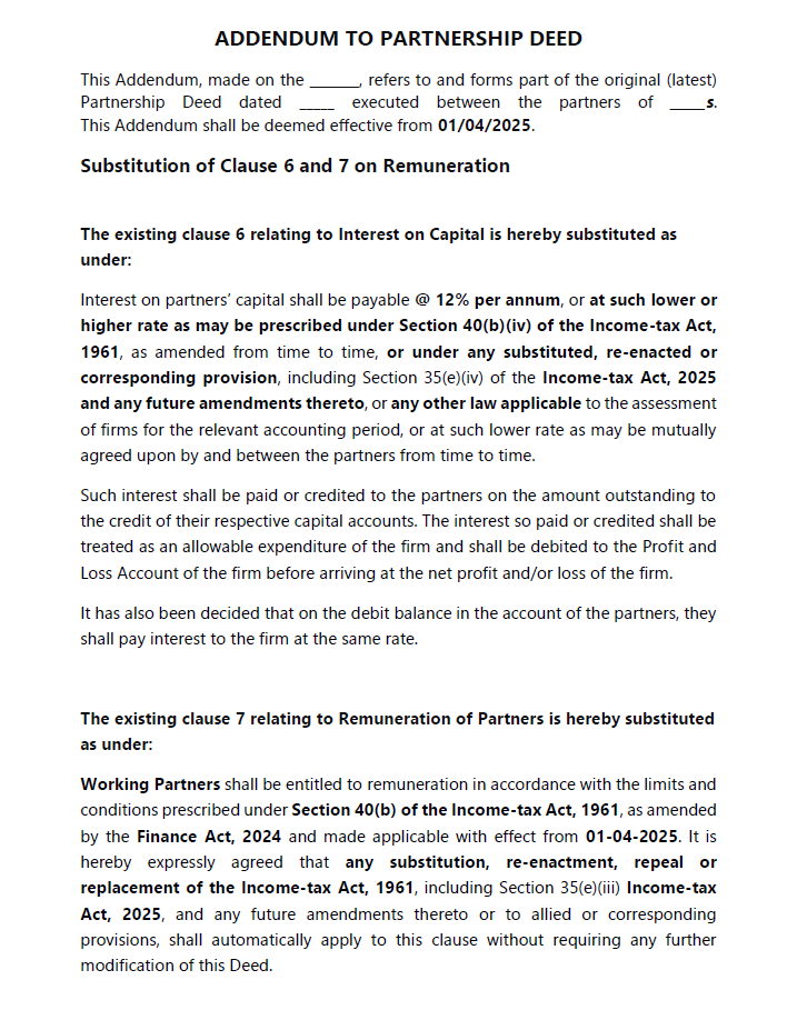 AbhasHalakhandi's tweet photo. 🚨Sharing draft of Supplementary Deed for updating the Remuneration Clause w.r.t. change via Finance Act 2025.Also Interest Clause being revised referring the New Income-tax Act, 2025

Update the deed, if still pending for avoiding Tax disputes!!

PDF:-
https://t.co/0YpeqzbABP https://t.co/mCgR2KJyQG