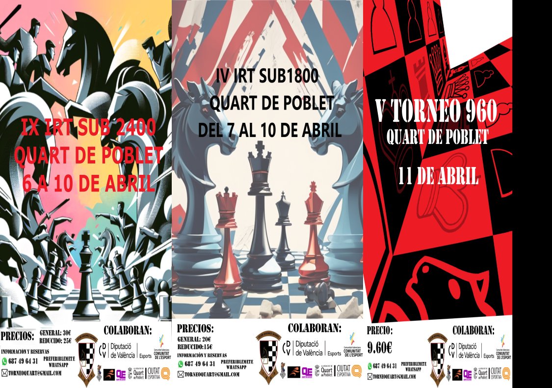 ajedrezquart's tweet photo. Pues...sí, ya lo tenemos aquí... 😉🙂🙃👇👇
Ver bases:
IX IRT SUB 2400 QUART DE POBLET: https://t.co/zmBn4efywr
IV IRT SUB1800 QUART DE POBLET: https://t.co/sJ071ZSzLh
V TORNEO 960 QUART DE POBLET: https://t.co/IdK8ksrTfH https://t.co/RbMbN1PWRx
