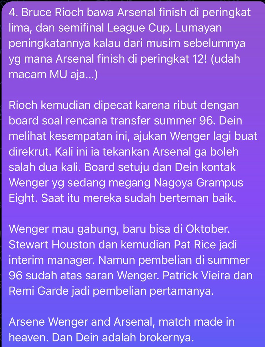 JalanArsenal's tweet photo. Keterlibatannya dalam membentuk Premier League bersama 4 big club lainnya dan bagaimana ia ketemu dengan Wenger dan kemudian merekrutnya sebagai manager.

Arsenal and Arsene Wenger. A match made in heaven.

Takdir yang dibaca oleh Dein. https://t.co/Ho03UsGYLm