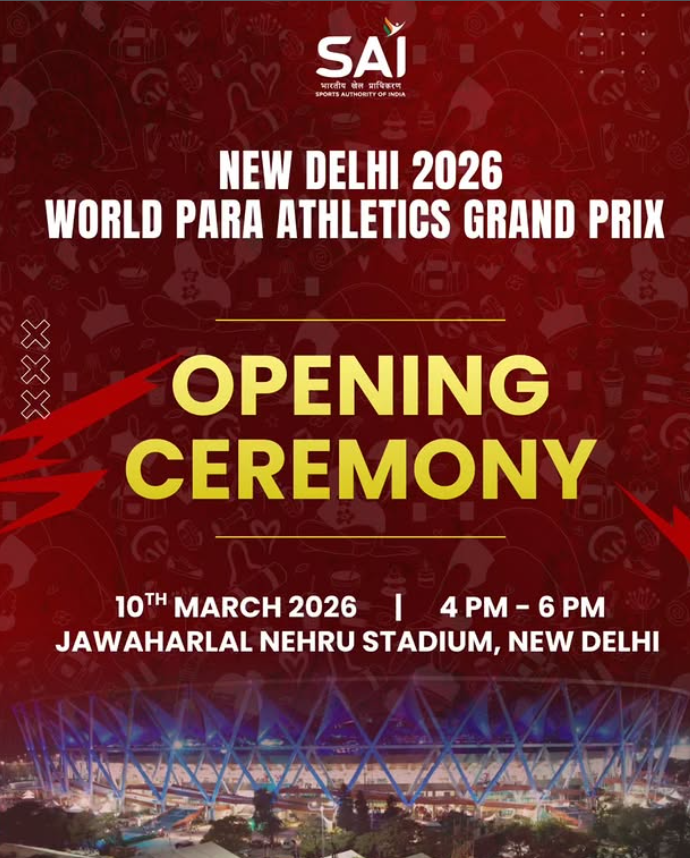 Get ready for an inspiring start! ✨
The Opening Ceremony of the #WorldParaAthletics Grand Prix celebrates determination, excellence, and the unstoppable spirit of #paraathletes.
📍 #JawaharlalNehruStadium
🗓️ 10 March 2026
⏰ 4 PM – 6 PM
 #NewDelhi2026 #BCCI #PABLO