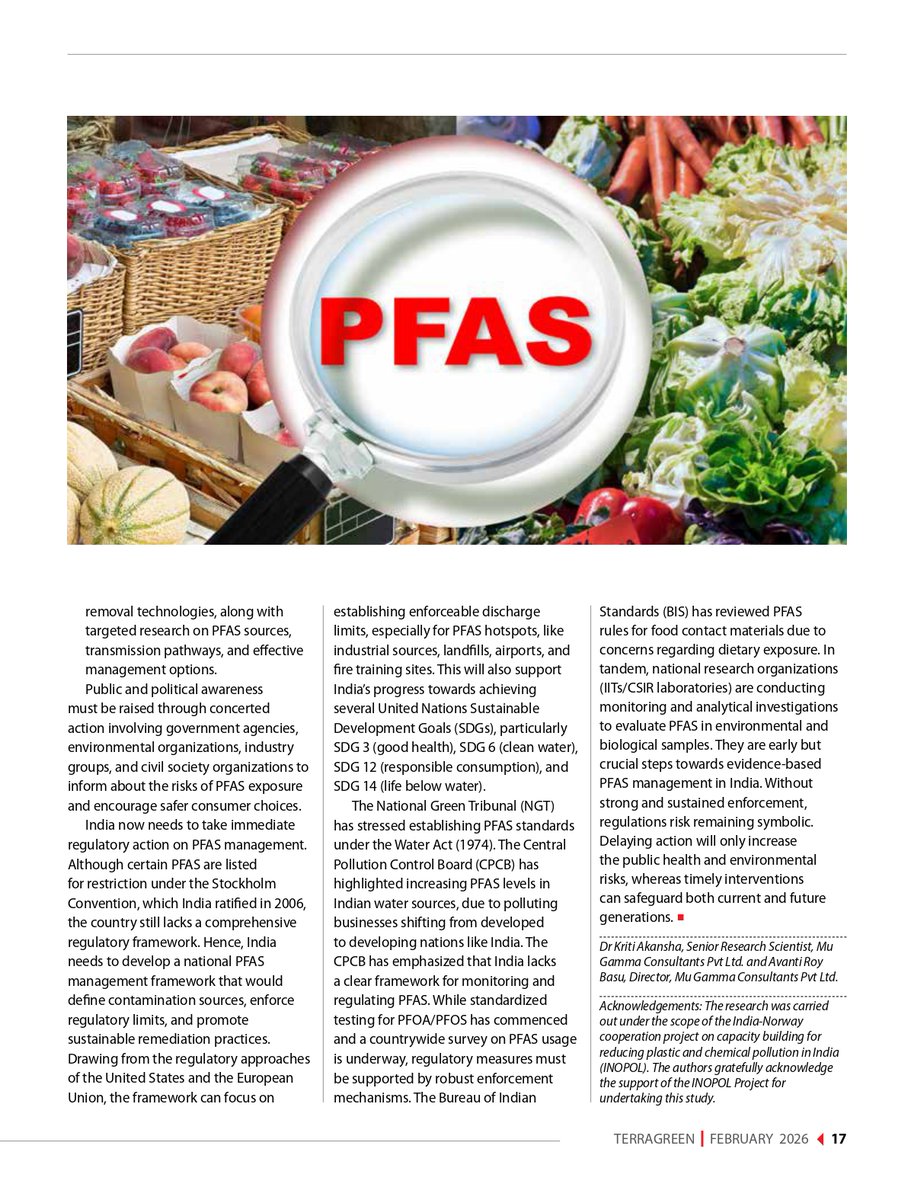 gamma_mu's tweet photo. In their latest article, Dr @kritiakansha and @basu_roy22324 from MGC highlight why PFAS must become a national environmental priority—from systematic monitoring and stricter regulation to advanced treatment technologies and a comprehensive management framework. https://t.co/fxdMFMkoaV