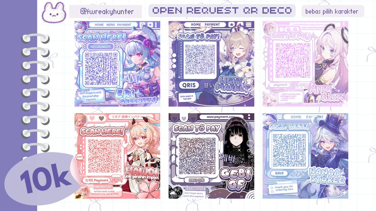 haiiye—! HELP RT and let's be moots guys 🎀

aku open request edit QR DECO anime nih 🤩🌟 bisa request karakter yaa 💗

cuma 10.000/edit 🫶🏻

kalau temen-temen berminat, bisa ke nomer wa yang ada di desk ❤️
#zonauang #zonajajan