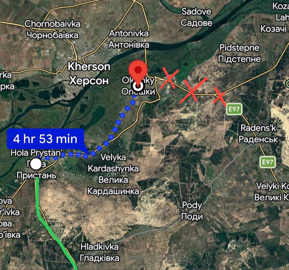 ❗️Погані новини. З Олешок виїзд став неможливим. Місто заблоковане. Водії/перевізники не заїжджають, дороги заміновані, русня розвертає. Єдиний спосіб станом на сьогодні йти пішки(!!) до Голої Пристані вздовж річки Дніпро, 7 годин, звідти їхати в бік Криму. Волонтери з Олешок
1/4