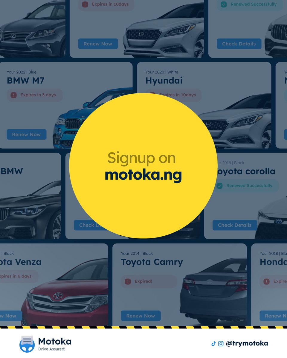 trymotoka's tweet photo. Stay on top of your car documents.

Sign up on https://t.co/7E6T31Wrc6
Add your vehicle
Track renewals
Renew from your phone
No queues. No stress.
Drive Assured. 🚗
#Motoka #DriveAssured #CarOwners #AutoTech #explore https://t.co/R6kttObFCJ