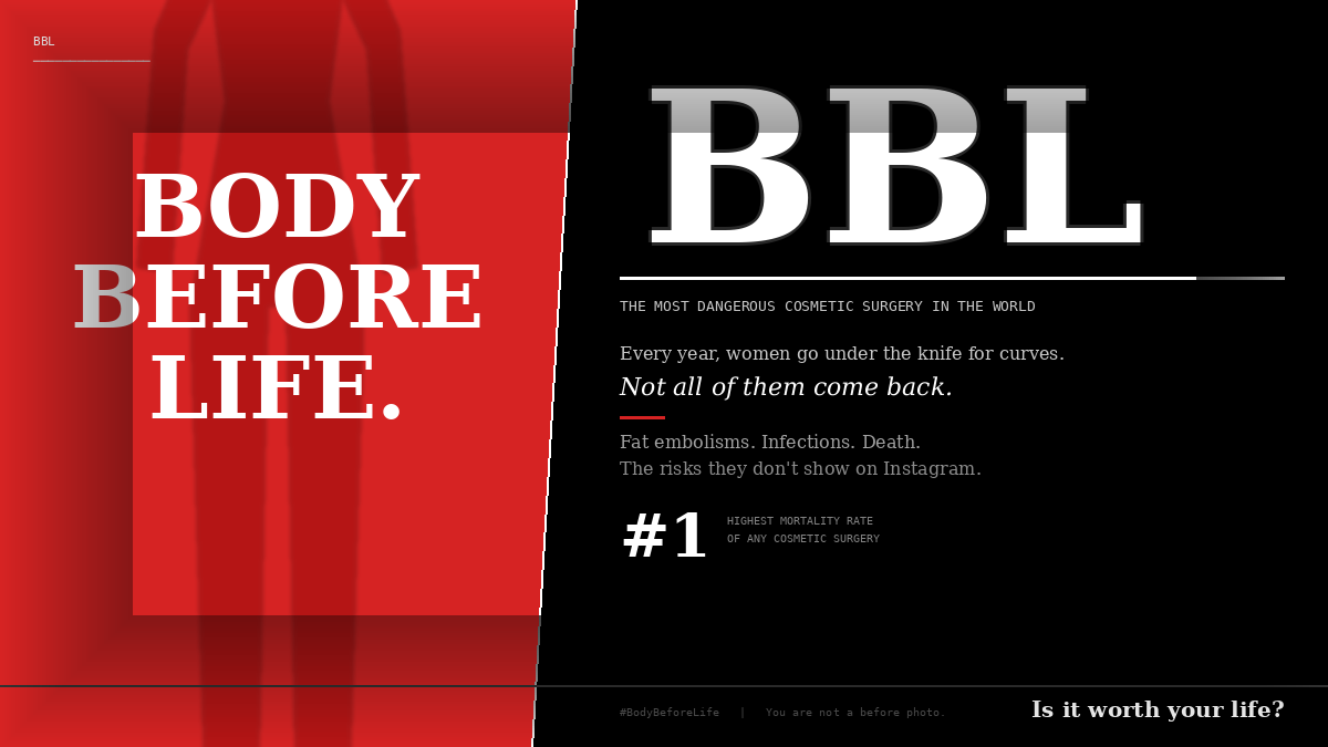 They sold you a body goal. Nobody told you the bill could be your life.
BBL (Body Before Life) 
The Brazilian Butt Lift has the highest mortality rate of any cosmetic procedure.
#saynotobbl #bbl