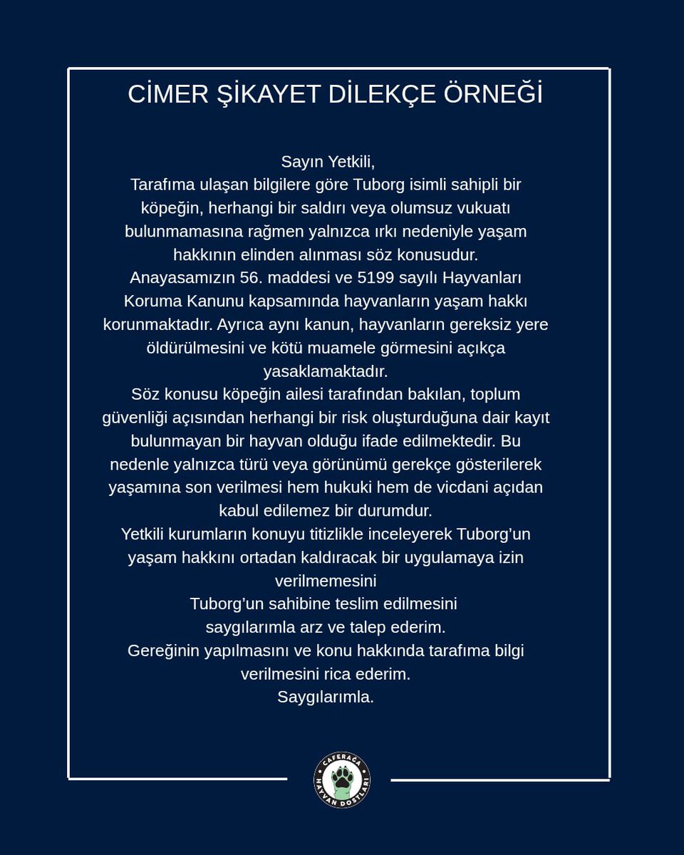 Yasaklı ırk olduğu gerekçesiyle Tuborg isimli köpeğin ailesinden koparılarak barınağa alınmasını kabul etmiyoruz! 

Ailesi tarafından bakılan, yuvası olan bir canın yalnızca cinsi nedeniyle cezalandırılması vicdana sığmaz. Her canın sevdiği yerde, ailesinin yanında yaşama hakkı